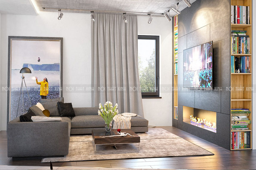 2 mẫu thiết kế nội thất phòng khách liền bếp theo sắc màu ấn tượng