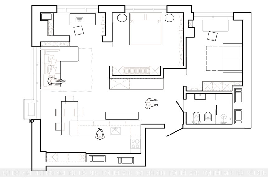 Thiết kế nội thất chung cư 70m2, 2 phòng ngủ, màu xám chủ đạo