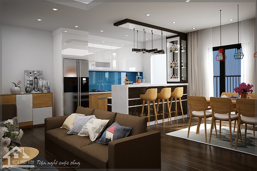 Thiết kế nội thất phòng khách liền bếp tiện nghi, tiết kiệm diện tích