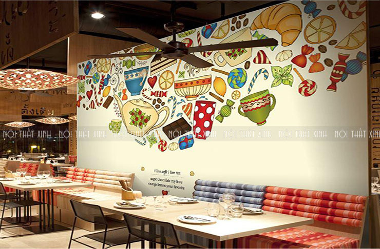 Thiết kế nội thất quán café đẹp dùng giấy dán tường