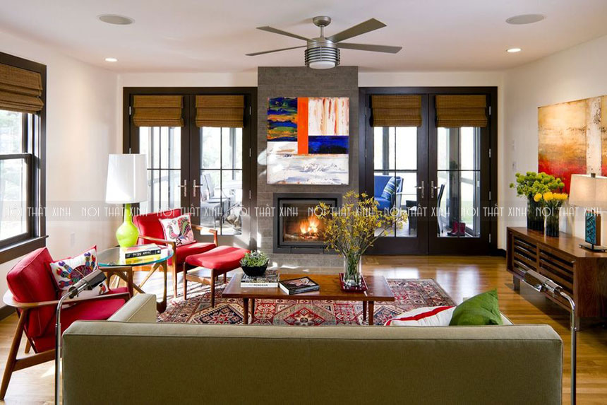 Thiết kế nội thất phòng khách đẹp hài hòa màu nóng - lạnh - trung tính đặc sắc